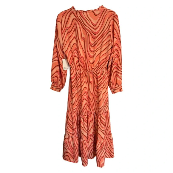 NWT Dex Tiered Midi Dress Sz  XS Coral Swirl Psychedelic Funky Hippie Wrap Front - Picture 3 of 16